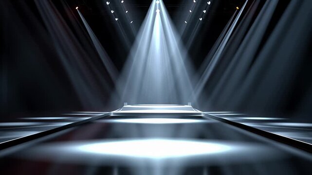 A runway stage illuminated by dramatic lighting, likely set for a fashion show or performance.