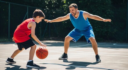Fototapeta premium Playful Standoff: A Son Challenges His Father in a Sunlit Game of Basketball