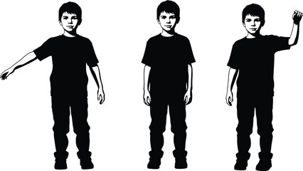 Silhouette of Boy in Three Standing Poses with Arm Gestures, Vector Illustration Isolated on White Background for Educational Use