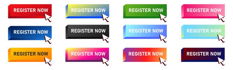 Fototapeta premium Register now buttons set icon design. Register now buttons pack with colorful gradient for UI UX website, mobile app, media and project. vector isolated 