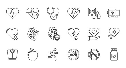 A comprehensive linear icon collection depicting essential health, wellness, and medical concepts, including heart care, exercise, nutrition, and vital signs, for digital projects
