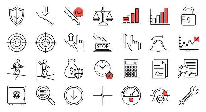 Collection of business and finance icons, representing concepts like security, growth, decline, strategy, and analysis