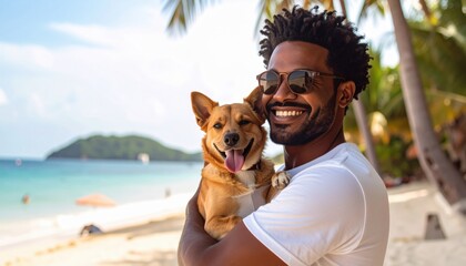 a man enjoys a sunny day at the beach with his adorable dog, embracing the joy of a tropical vacation