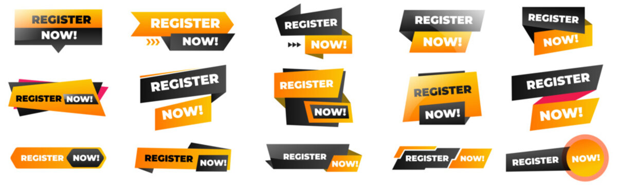 Register Now buttons set. Register now text web banner template with black and orange color for UI UX website, mobile app, media and project. vector EPS 10