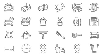 Collection of car wash icons and symbols, , representing car cleaning services and automotive care