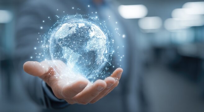 A person holds a holographic representation of Earth