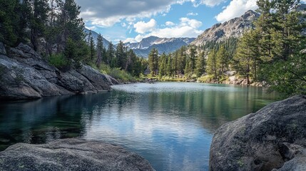 Serene mountain lake nestled amongst granite rocks and pine trees