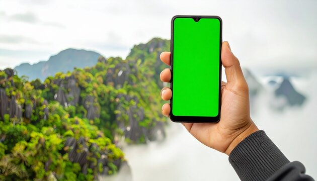 businessman holding a mobile phone with green screen