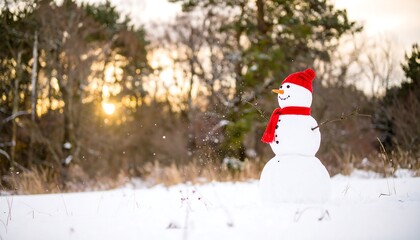 Obraz premium Snowman Enjoying a Beautiful Winter Sunset in a Snowy Field.