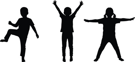 Silhouettes of children jumping, playing, vector illustration for childhood activity, fun, movement, energy, physical expression, and joyful design