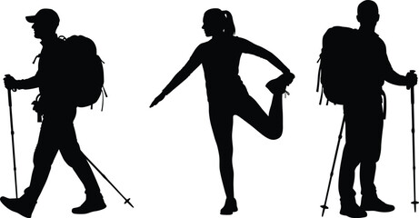 Silhouettes of hikers with backpacks, poles, stretching and walking, vector illustration for outdoor activities, hiking, trekking, and adventure design