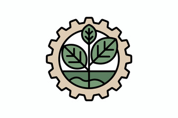 Sustainable Development Icon Featuring Green Leaves Growing Within a Gear Shape Symbolizing Innovation and Technology