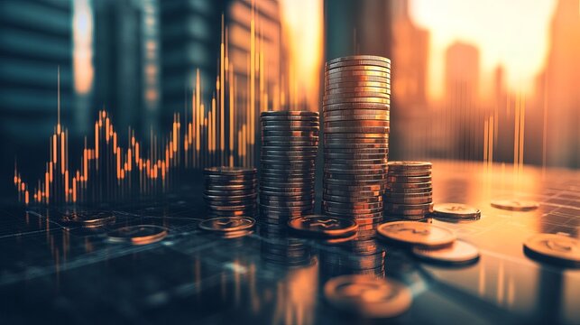 Stacks of coins atop financial charts, urban backdrop