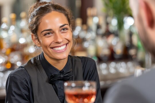 A friendly female bartender smiling warmly at a customer in a vibrant bar setting.