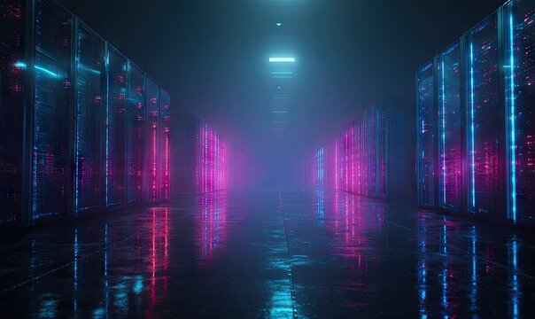 Long, dark server room with glowing neon lights creating a futuristic and mysterious vibe