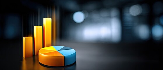 analysis business charts concept. Abstract data visualization with bar and pie charts on a dark background.