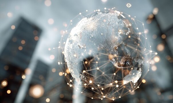 Global network on blurred cityscape background, connectivity emphasized