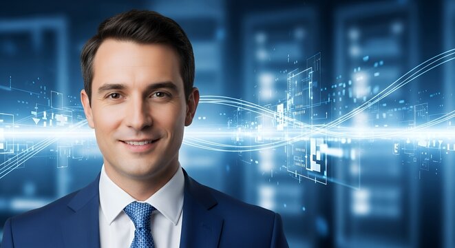 Confident Businessman Smiling with Futuristic Digital Network and Data Flow Background, Technology Concept