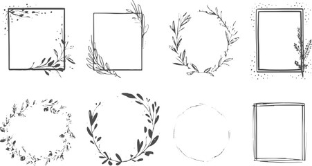 Collection of hand drawn botanical frames and wreaths with floral and leaf elements