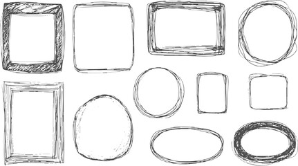 Collection of hand drawn sketch frames and borders in various shapes and styles on a white background