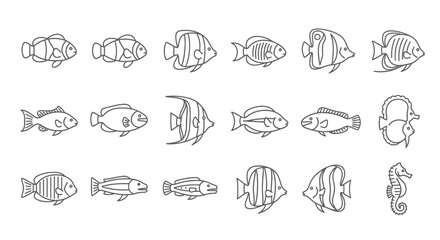 A collection of various tropical fish and a seahorse, all depicted in a simple, clean line art style and isolated on a