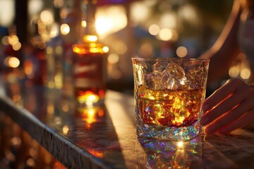 A captivating glass of amber whiskey with ice on a polished bar, bathed in warm light.