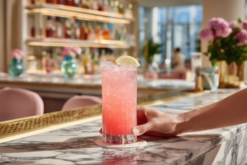 A refreshing pink cocktail with ice and lemon held by a hand at a luxurious bar counter.