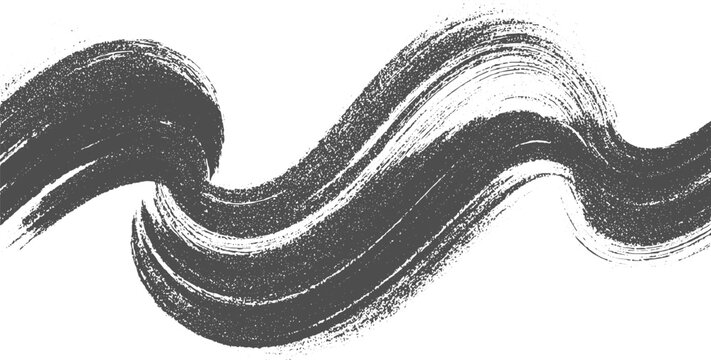 A dark grey textured brush stroke forms a wavy line across a white background.