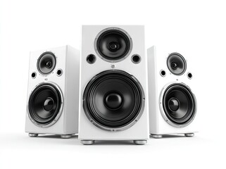 Fototapeta premium Three white speakers, angled slightly, facing forward