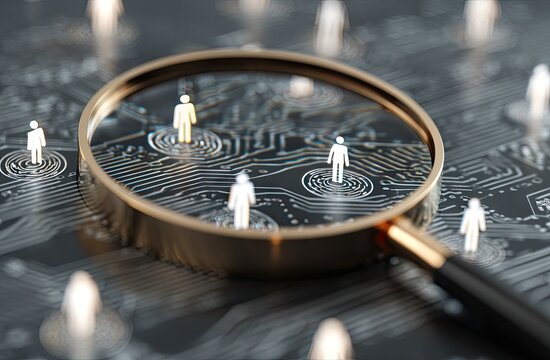 Magnifying human figures on circuit board, concept of data and people
