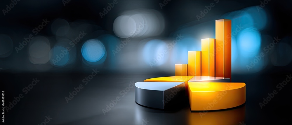 Aufkleber analysis business charts concept. 3d graph with colorful bars and pie chart on a blurred background.