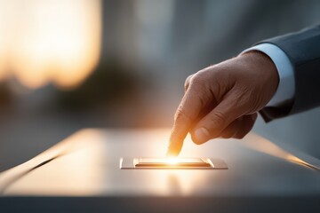 Hand touching glowing digital interface, symbolizing modern innovation and future.