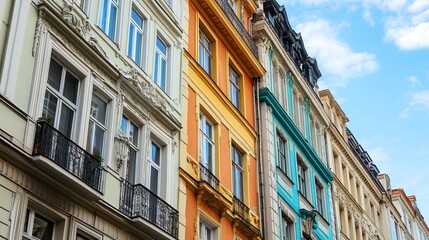 Fototapeta premium Colorful European apartment buildings, various pastel hues, ornate facades, classic architecture