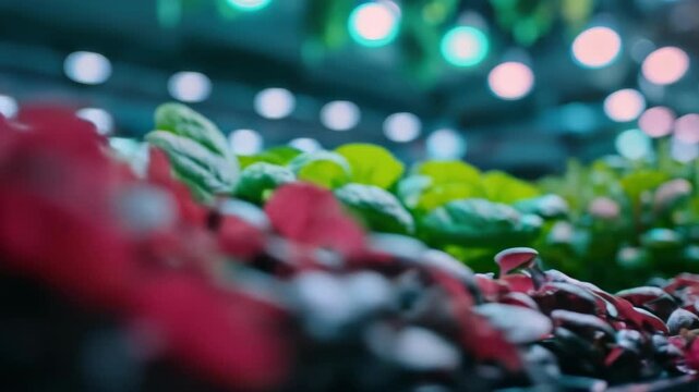 Close Up of Lush Green and Red Leafy Plants Under Artificial Lights