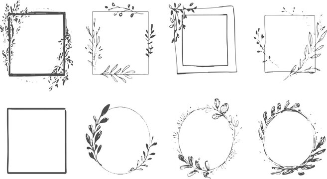 A collection of eight hand-drawn floral frames and borders featuring botanical elements like leaves and branches.
