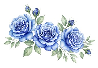 Elegant watercolor blue roses with buds and green leaves arrangement