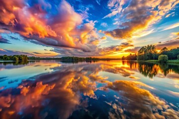 Obraz premium Panoramic Landscape Reflecting Adaptability: Serene Lake at Sunset