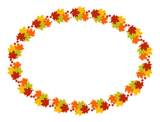 Autumn maple leaves frame isolated on a white background. Red berries and color leaves. Flat style. The center of the image is free for your inscription. Template for decor, design element.