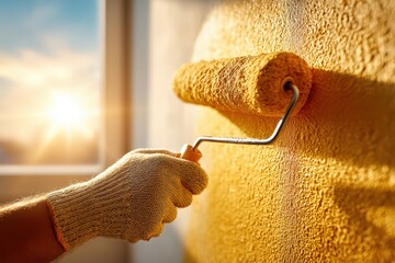 Close-up of a person's hand with a roller painting a wall yellow with bright sunlight.