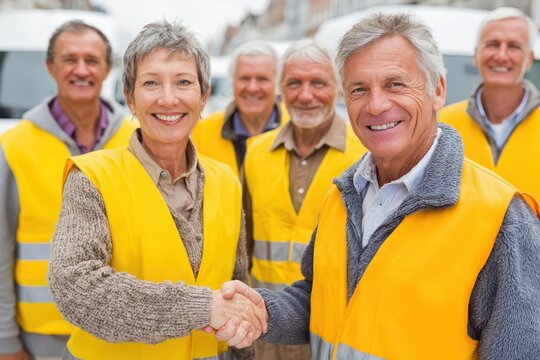 Happy senior team members shaking hands in bright yellow safety vests outdoors.