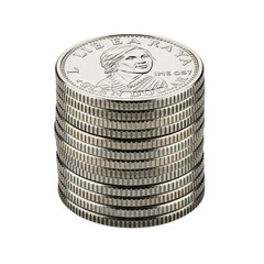 A stack of silver coins featuring a detailed portrait of a historical figure in sharp focus transparent background