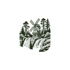 Naklejka premium Engraving logo of a traditional windmill beside a waterfall in a forest landscape flat vector