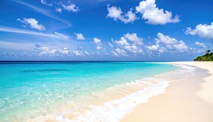 Obraz premium Tropical beach with turquoise ocean waves and white sand, clear blue sky