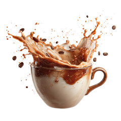 A clear glass mug with splashing chocolate milk on transparent background