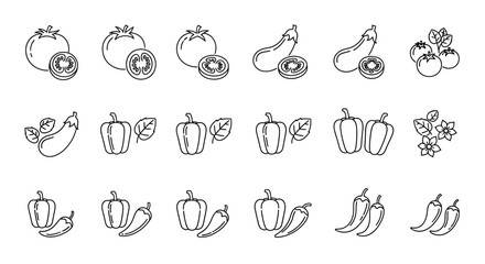 Collection of fresh vegetables, including tomatoes, eggplants, and peppers, depicted in a clean line art style isolated on a, perfect for healthy eating and culinary themes