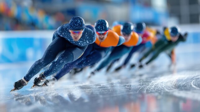 Speed skaters engage energetically on a shiny ice rink in a high-speed race, embodying the dynamic intensity of ice sports. It represents the idea of athletic contests and winter sports.