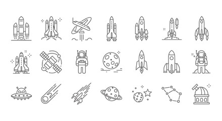 Collection of spacethemed line art icons including rockets, astronauts, planets, satellites, and constellations