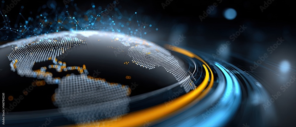 Poster analysis business charts concept. digital globe with glowing circuits and flowing lines representing