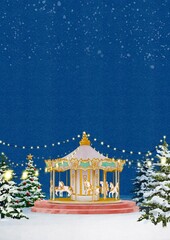 Carousel, amusement park ride, accordion, winter Christmas festival, season, card, romantic, wedding  illustration on blue background.