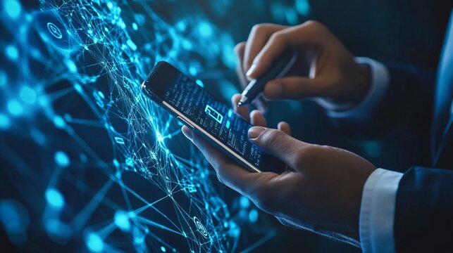 Man using stylus on smartphone with digital network interface overlay